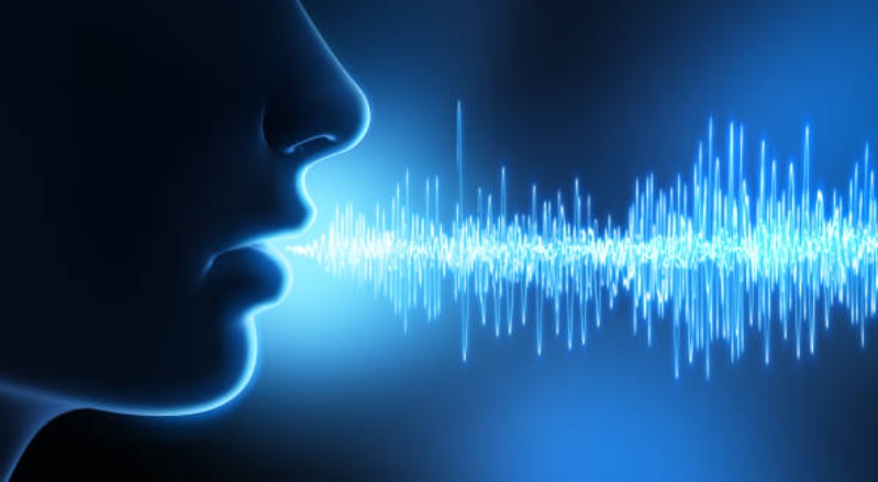 A person profile talks, while the sound waves come out of the mouth.