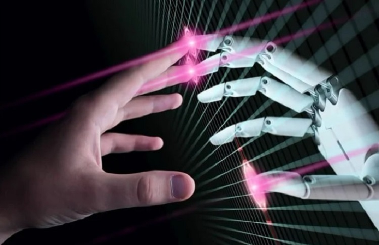 Human and artificial / robotic hand touching each other, demonstrating collaboration.