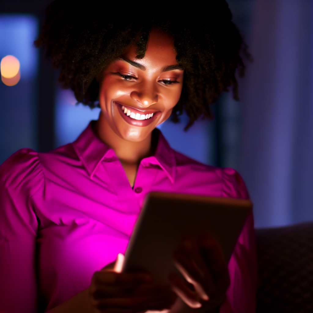 African-american girl smiles while she reads her tablet, indicating she's reading good content.